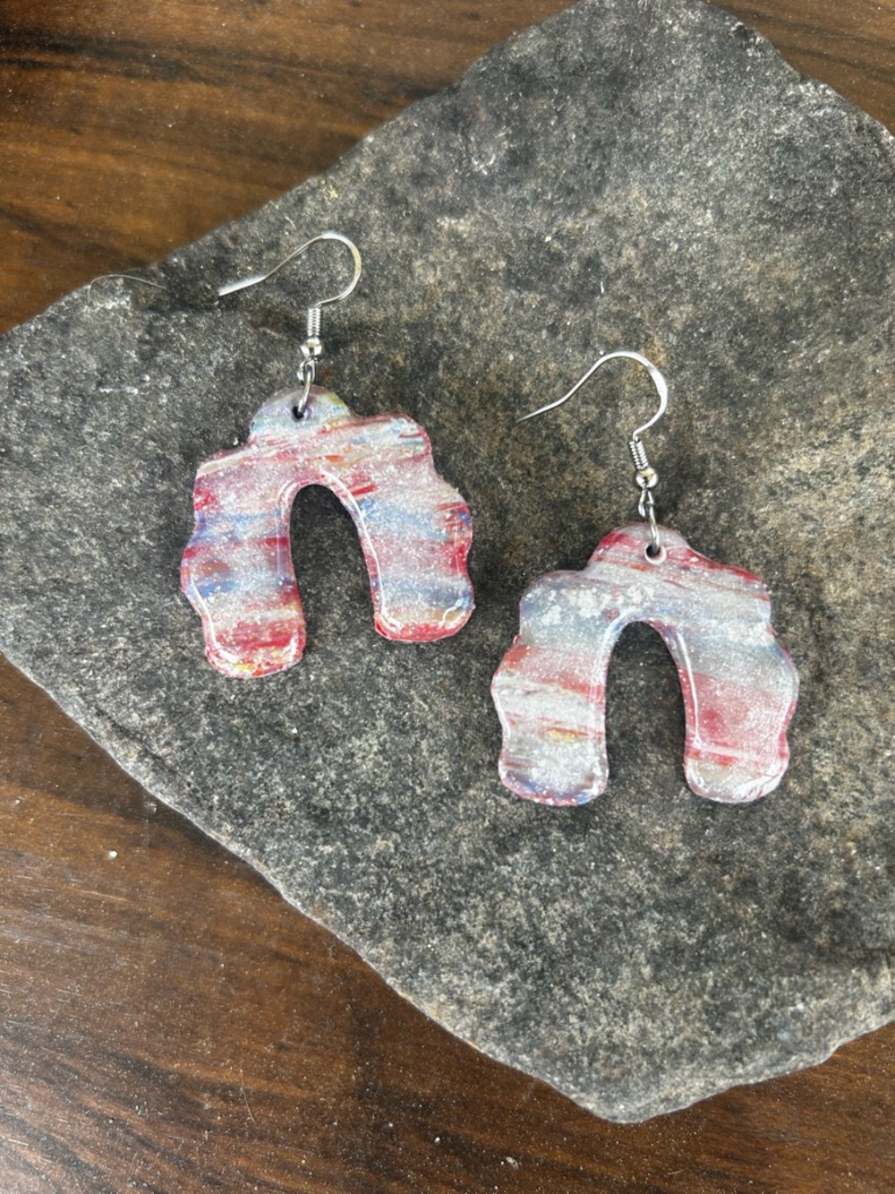 Hand Crafted Red & Blue Swirl Arch Earrings